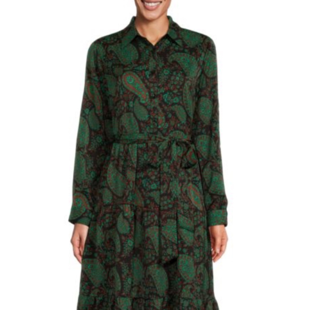 GREEN DRESS WITH CLASSIC COLLAR: Paisley Print Belted Shirtdress